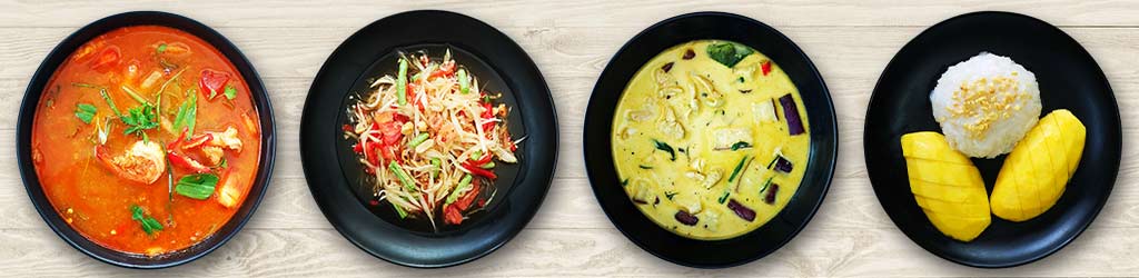 4 Gerichte aus unserem Buch 'Klassiker der Thai-Küche': Tom Yam, Som Tam, Green Curry und Mango Sticky Rice